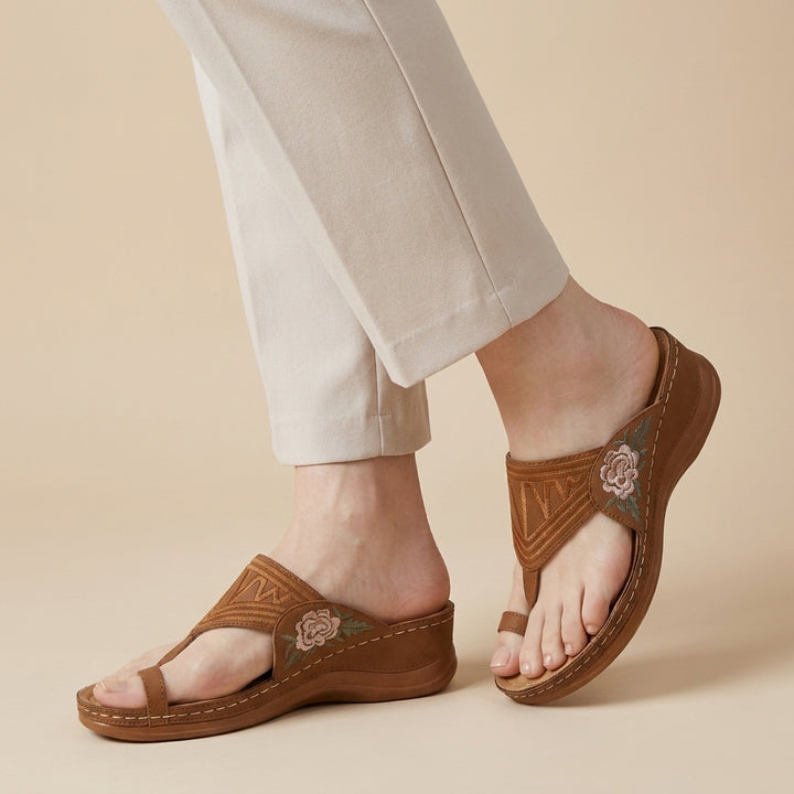 Embroidered T Strap Comfort Sandals with Supportive Wedge Sole