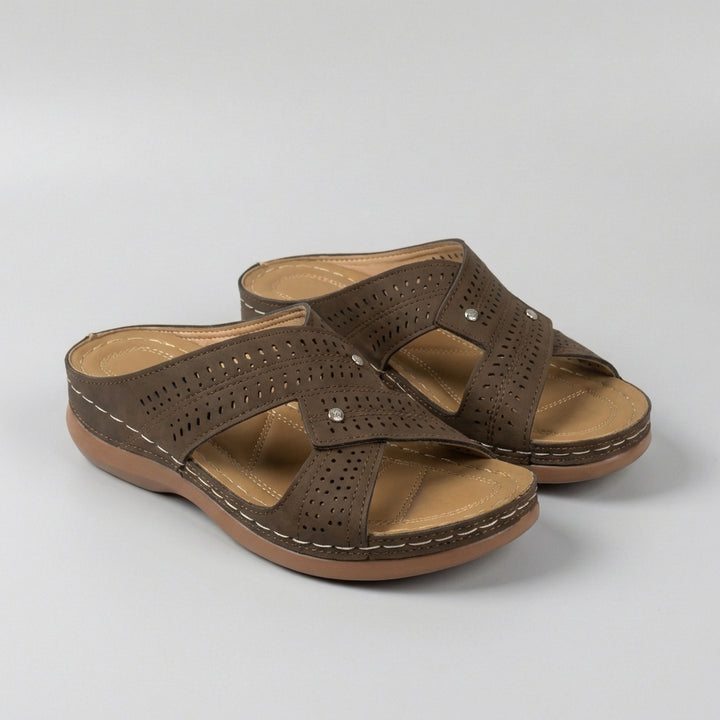 Elegant Slip-On Wedge Sandals with Criss-Cross Straps and Rhinestone Accents