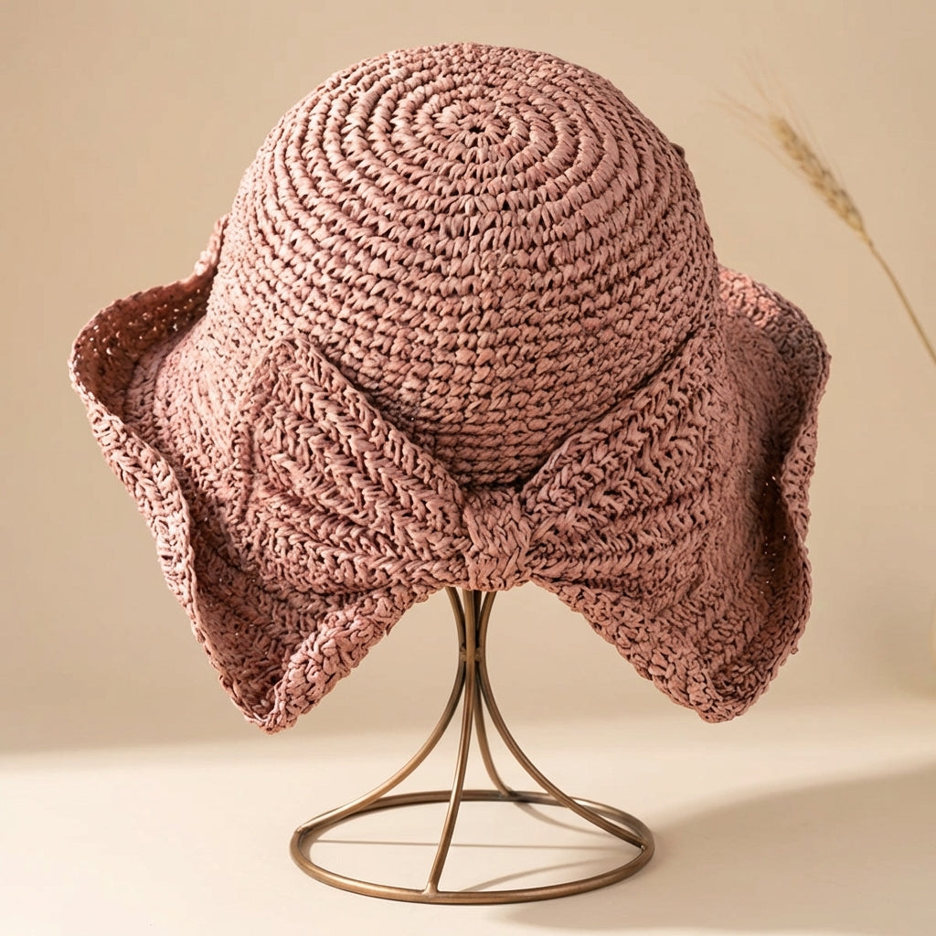Crocheted Woven Sun Hat with Downturned Brim and Bow Detail