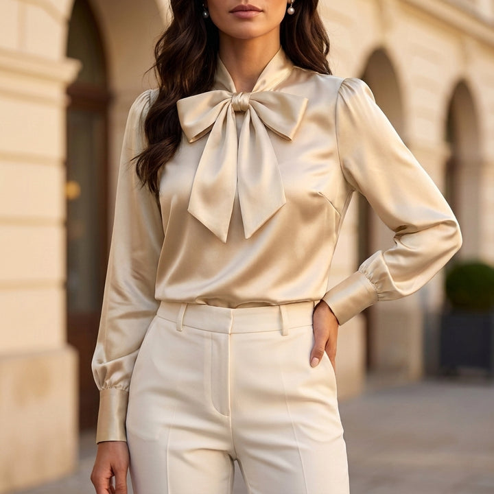 Tailored Bow Tie Blouse with Bishop Sleeves for Elegance