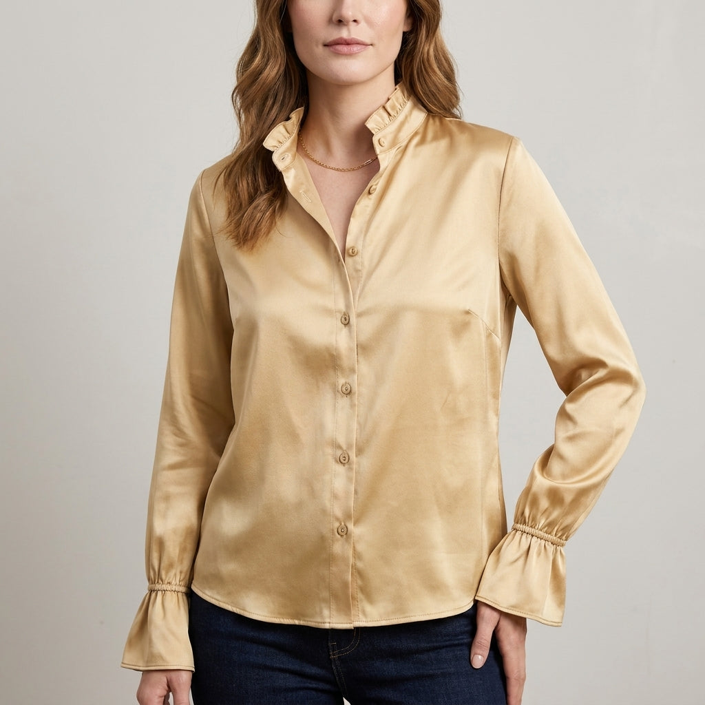Refined Ruffle Collar Blouse with Flared Cuff Sleeves