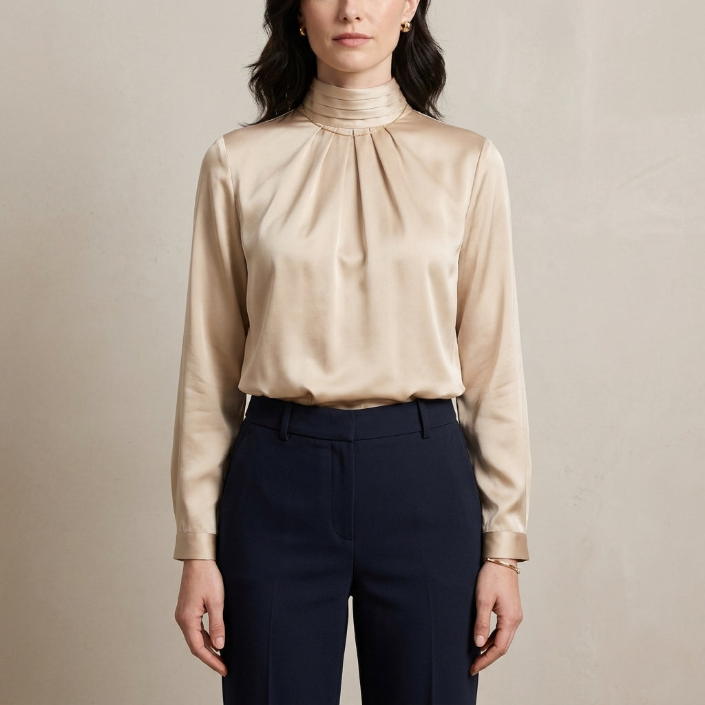 Mock Neck Satin Blouse with Elegant Pleated Front Detail