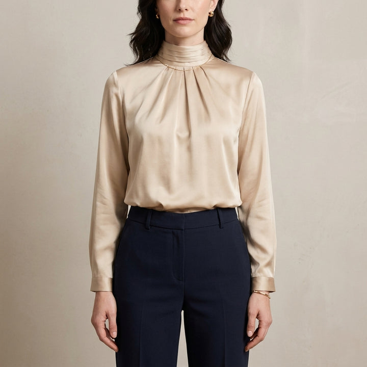 Mock Neck Satin Blouse with Elegant Pleated Front Detail