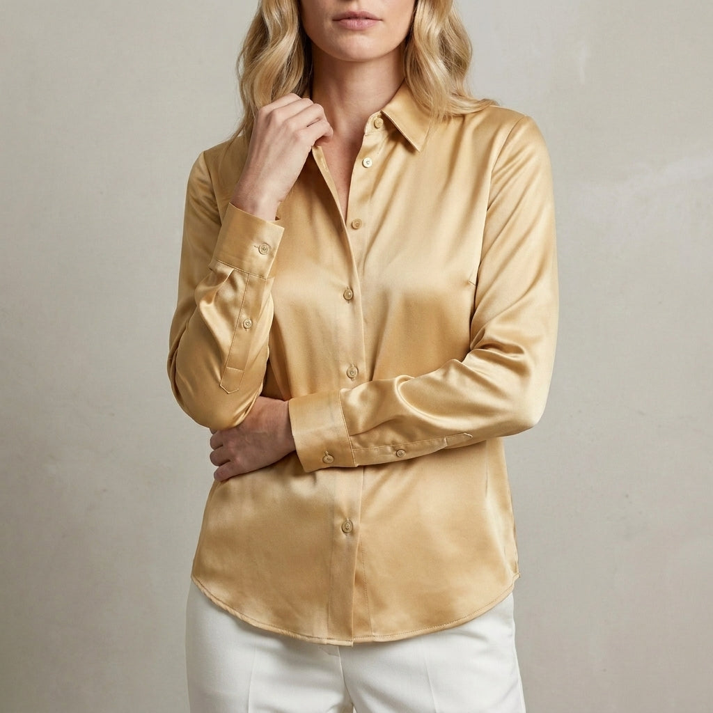 Tailored Button Front Blouse with Refined Point Collar