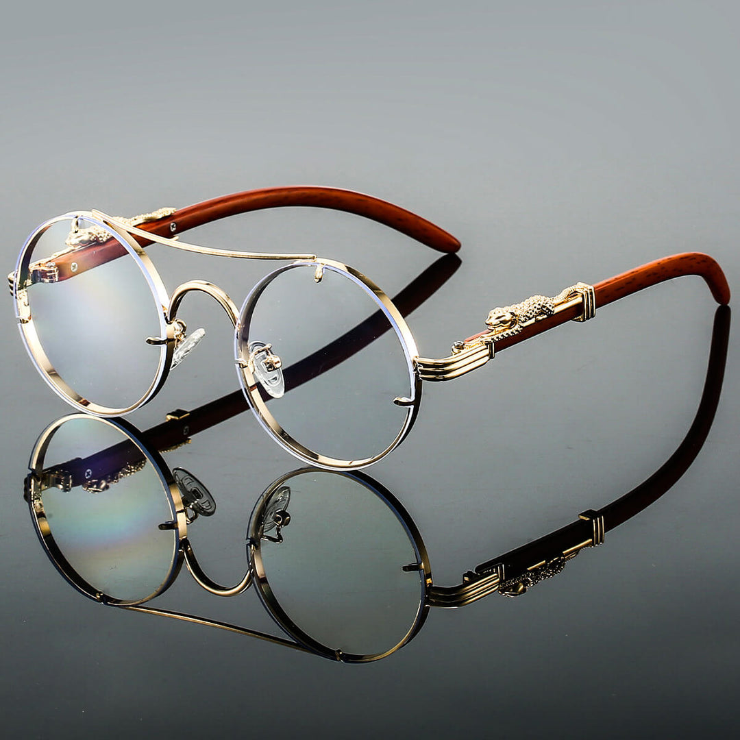 Panthera Onca Vintage-Inspired Round Sunglasses with Artisan Wood Temples