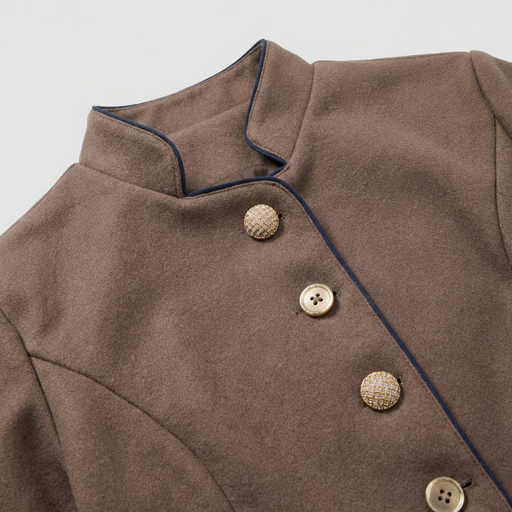 Tailored Blazer with Stand-Up Collar and Contrasting Trim