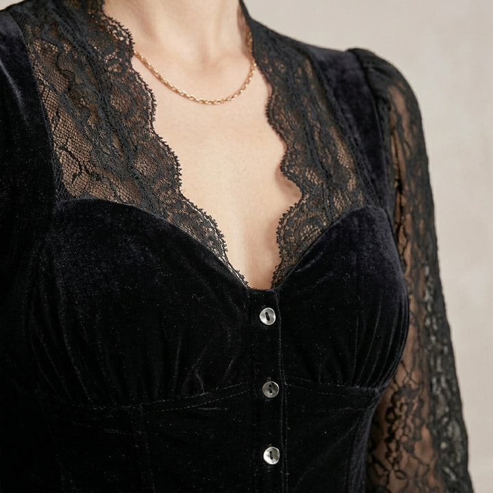 Fitted Velvet Lace Blouse with Sheer Sleeves and Button Front