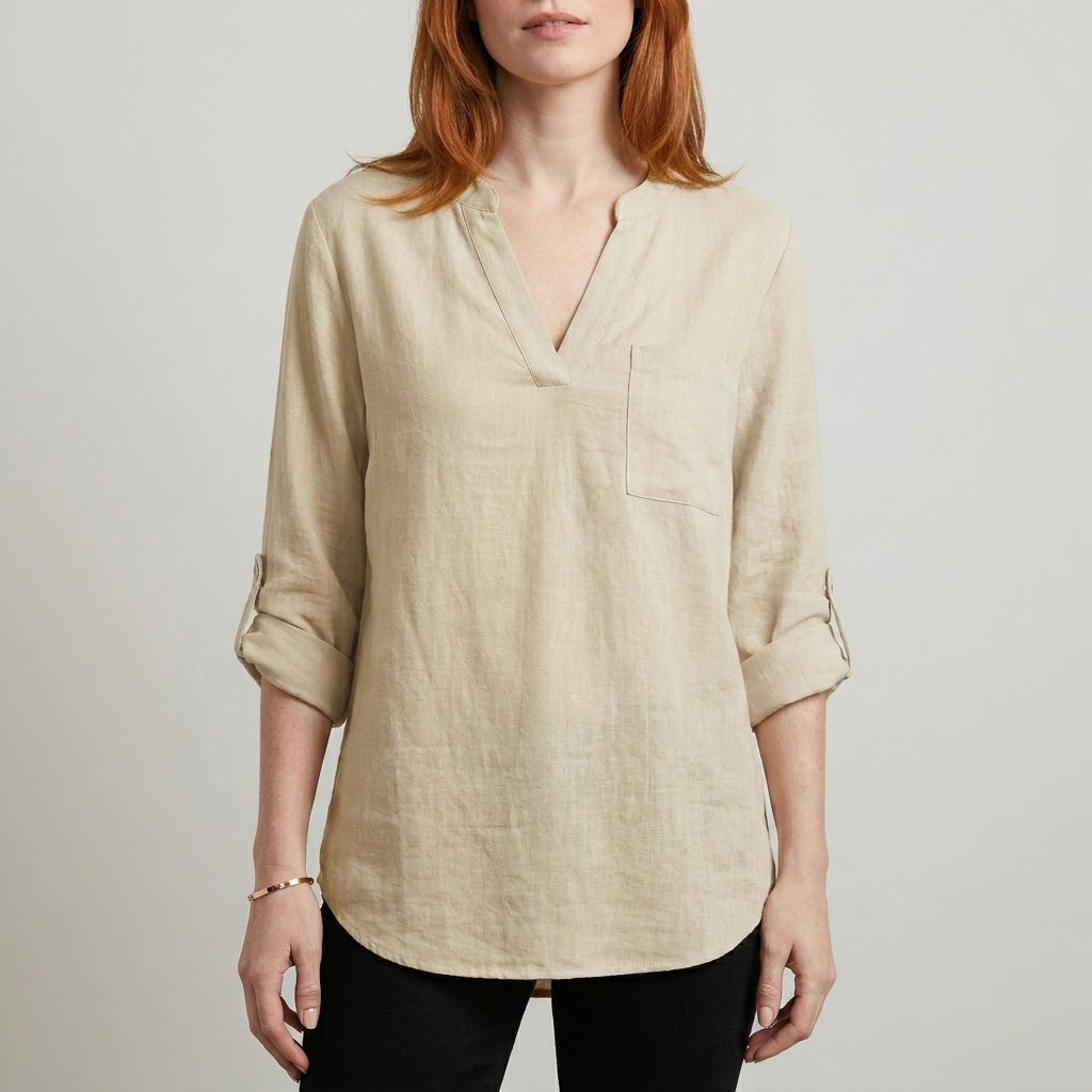 Relaxed V Neck Tunic Blouse with Roll Tab Sleeves