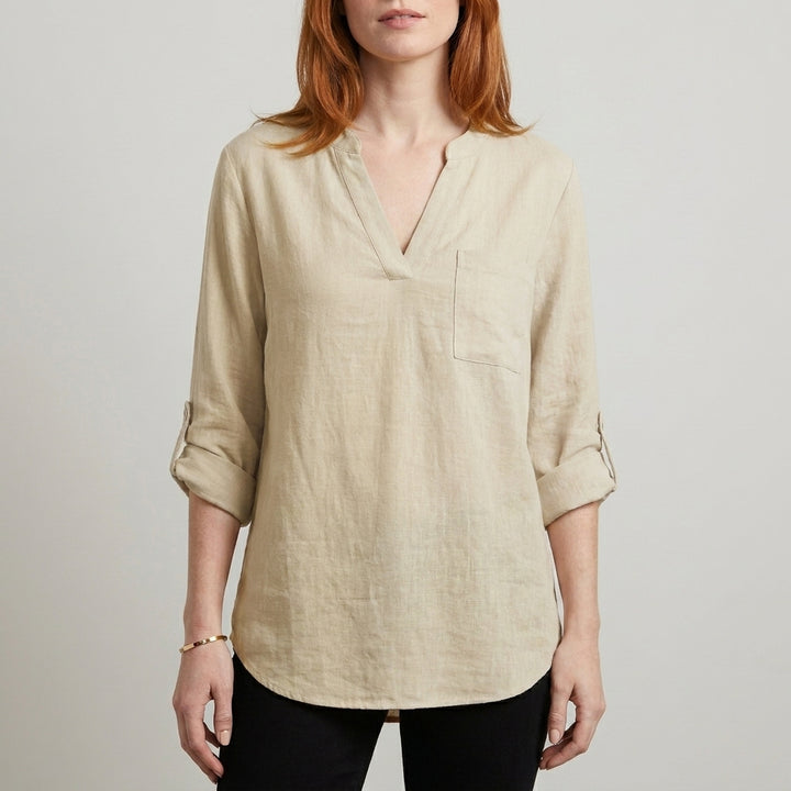 Relaxed V Neck Tunic Blouse with Roll Tab Sleeves