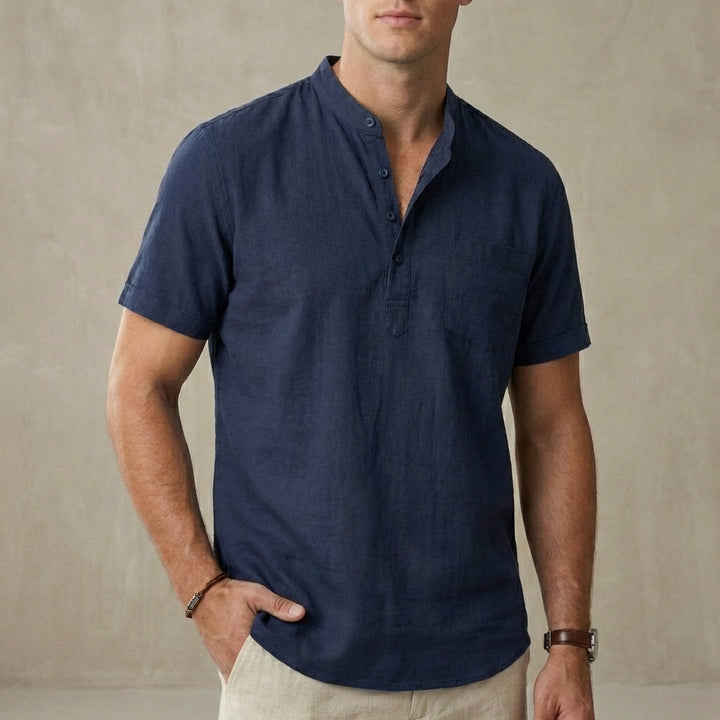 Relaxed Mandarin Collar Shirt with Button Placket and Chest Pocket