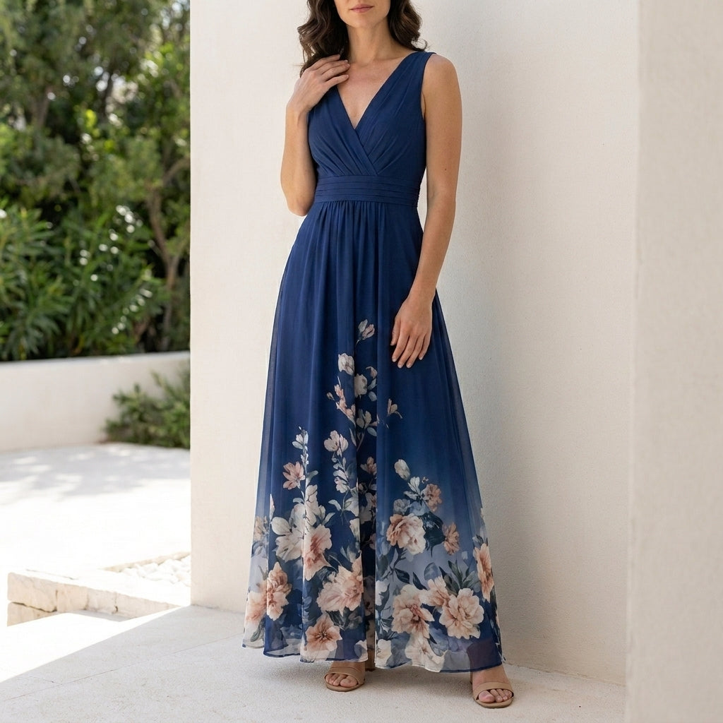 Floral Ombre Maxi Dress with Deep V Neck and Flowing Silhouette