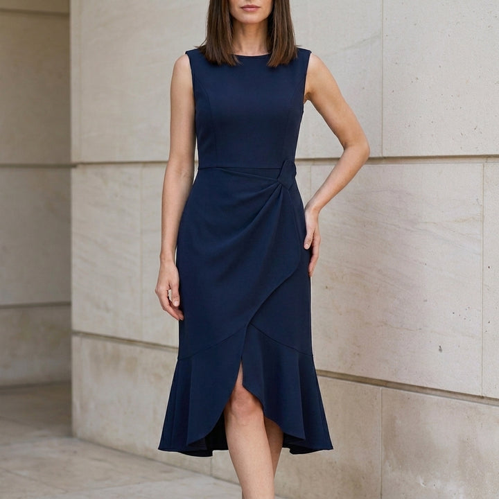 Elegant Sleeveless Midi Dress with Draped Waist Detail and Asymmetrical Hem
