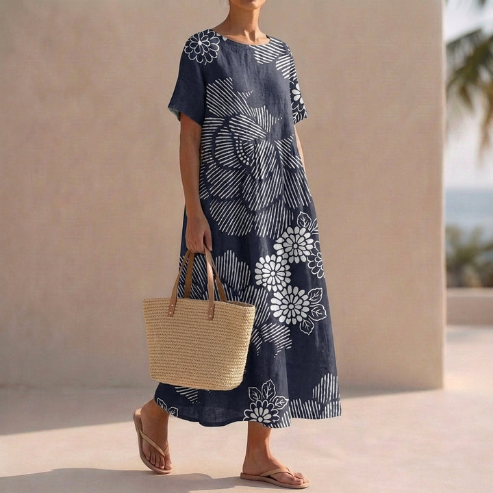 Floral Print Midi Dress with Relaxed Fit and Short Sleeves