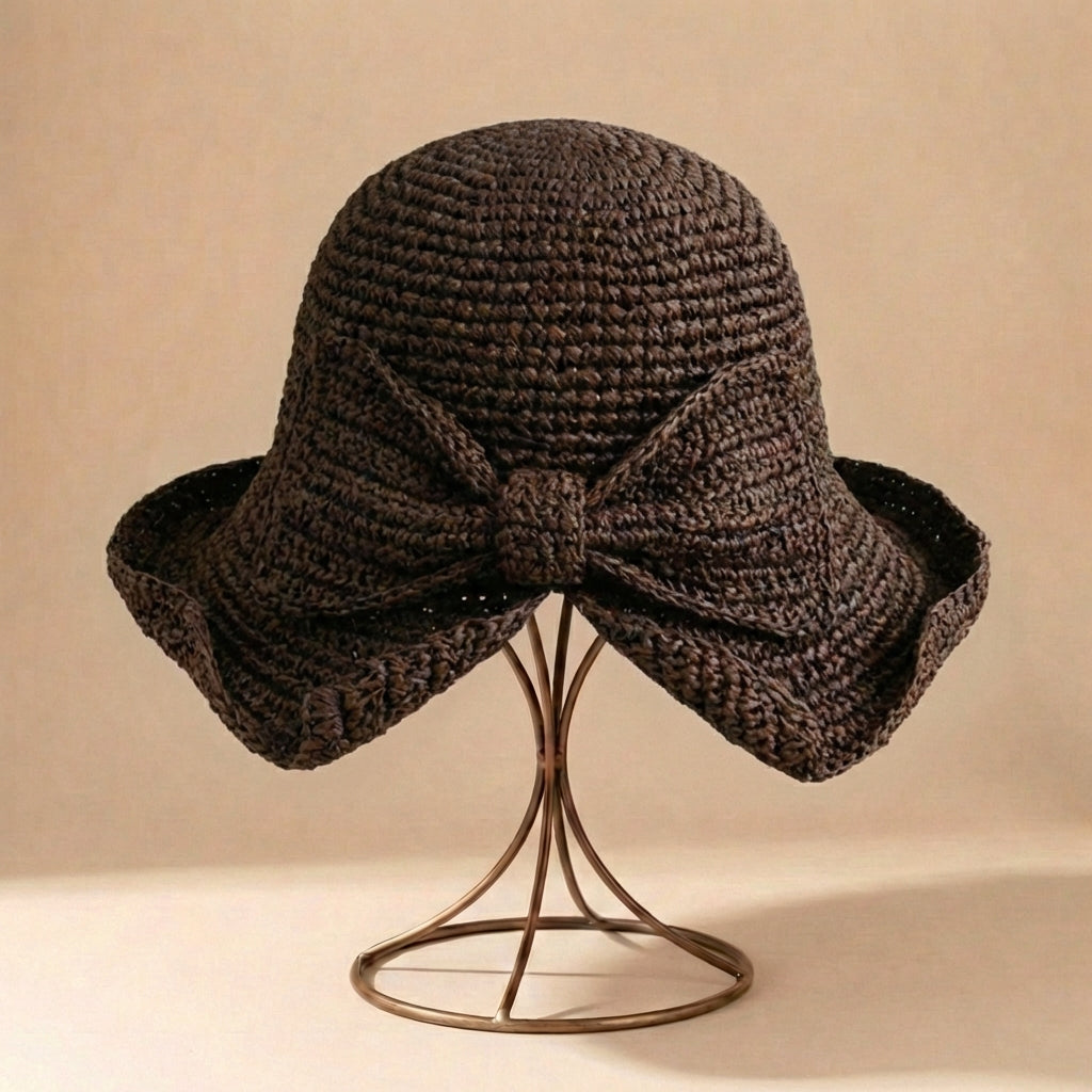 Crocheted Woven Sun Hat with Downturned Brim and Bow Detail