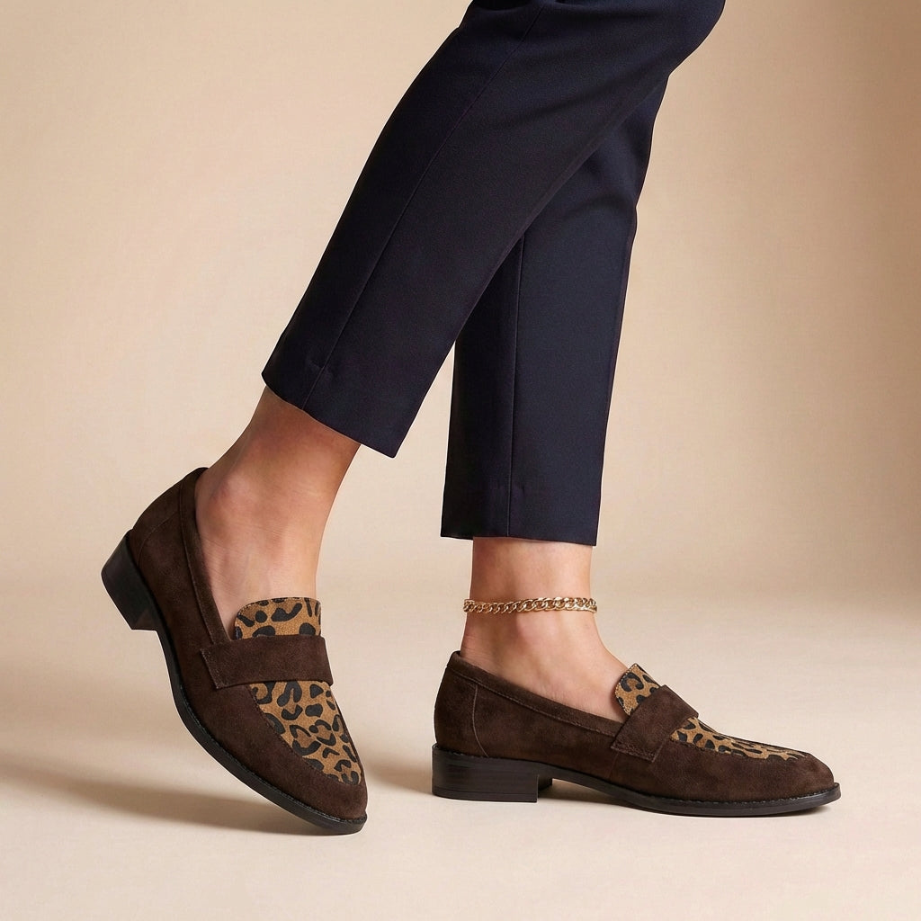 Leopard Accent Penny Loafers with Refined Suede Finish