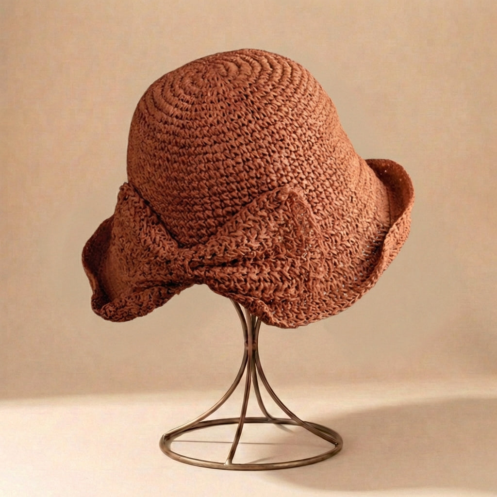 Crocheted Woven Sun Hat with Downturned Brim and Bow Detail