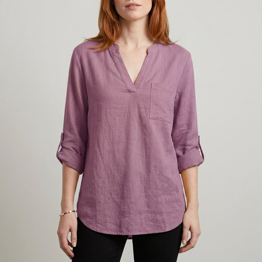 Relaxed V Neck Tunic Blouse with Roll Tab Sleeves