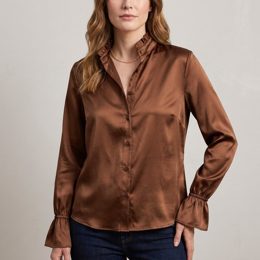 Refined Ruffle Collar Blouse with Flared Cuff Sleeves