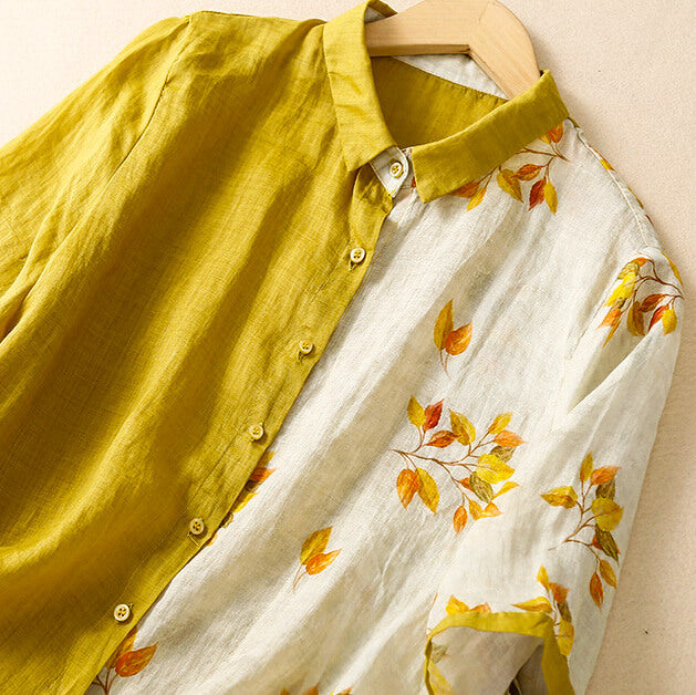 Floral Colorblock Linen Blend Button-Up Shirt with Relaxed Silhouette
