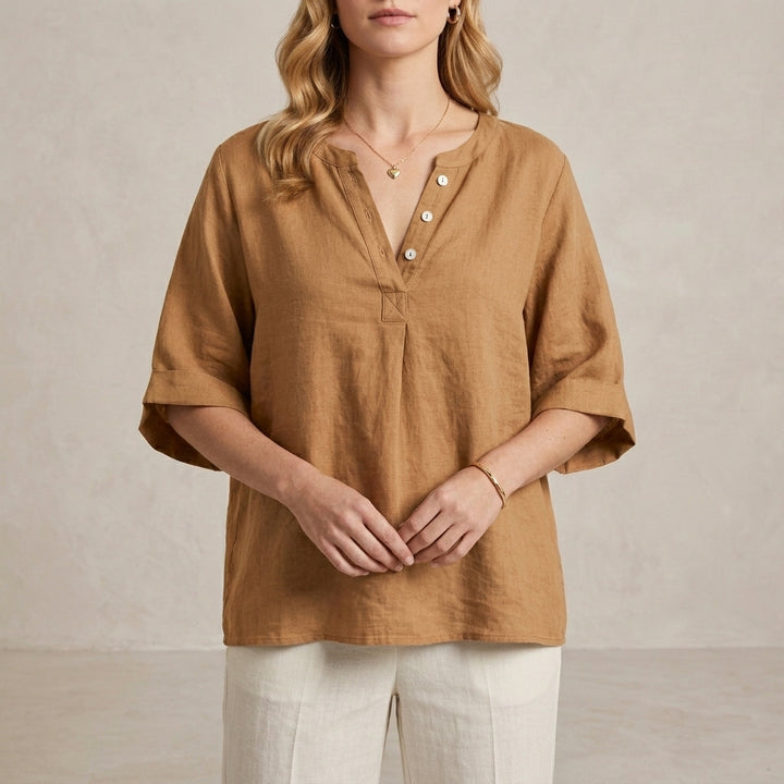Relaxed Henley Blouse with Notched Neckline and Flowing Sleeves