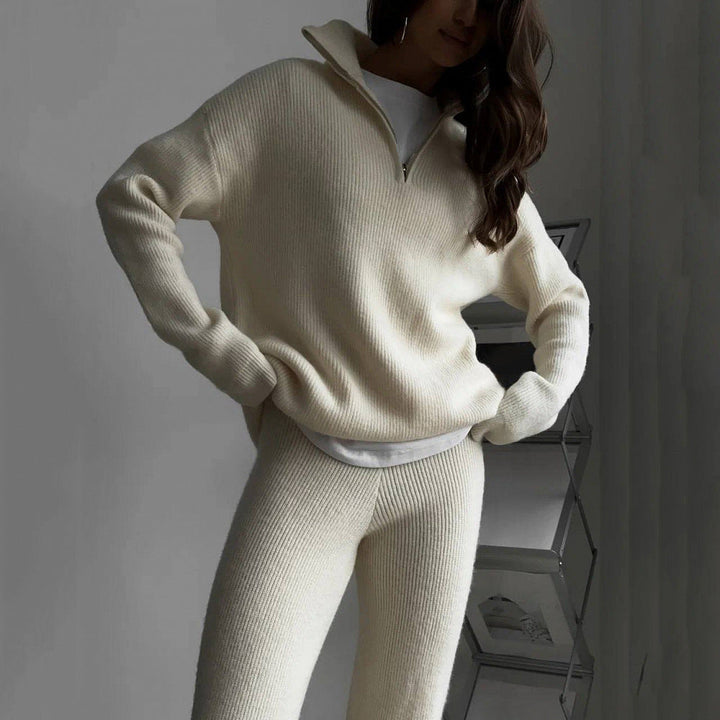 Alessandra Relaxed Fit Half-Zip Sweater Two-Piece Set | Collared Ribbed Knit Pants