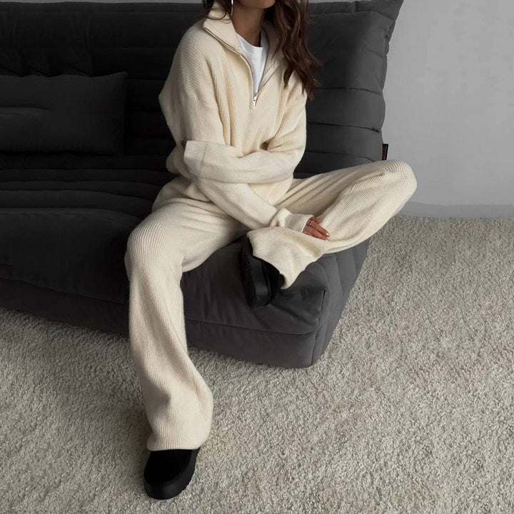 Alessandra Relaxed Fit Half-Zip Sweater Two-Piece Set | Collared Ribbed Knit Pants