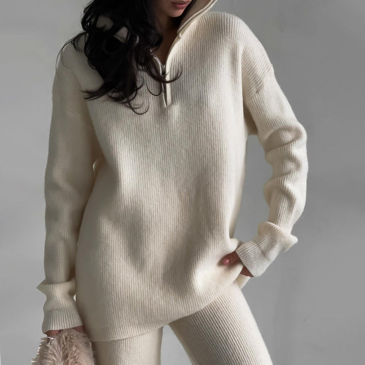Alessandra Relaxed Fit Half-Zip Sweater Two-Piece Set | Collared Ribbed Knit Pants