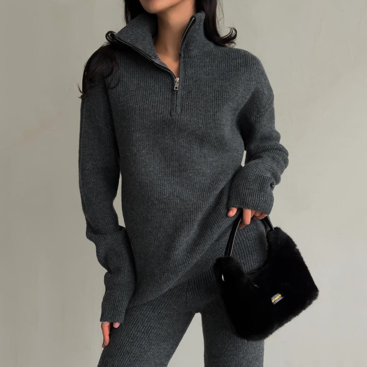 Alessandra Relaxed Fit Half-Zip Sweater Two-Piece Set | Collared Ribbed Knit Pants