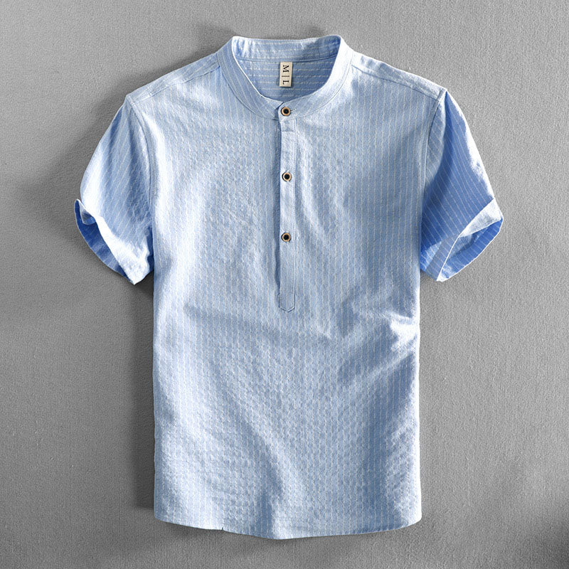 Felix Grant Relaxed Mandarin Collar Shirt with Vertical Stripes