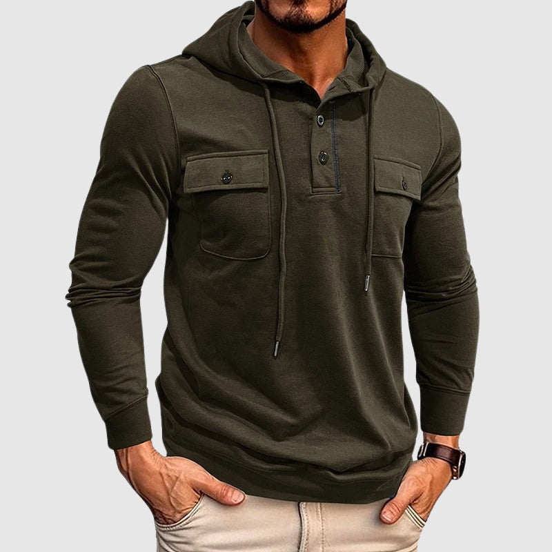 Oscar Slim Fit Henley Hoodie | Button Placket Drawstring Hoodie