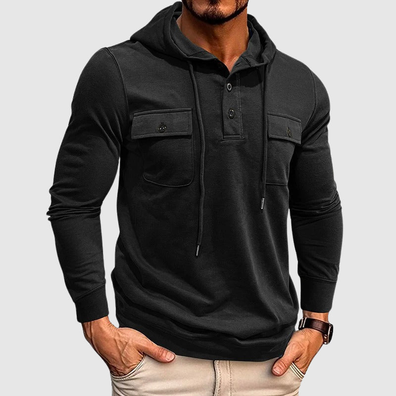 Oscar Slim Fit Henley Hoodie | Button Placket Drawstring Hoodie