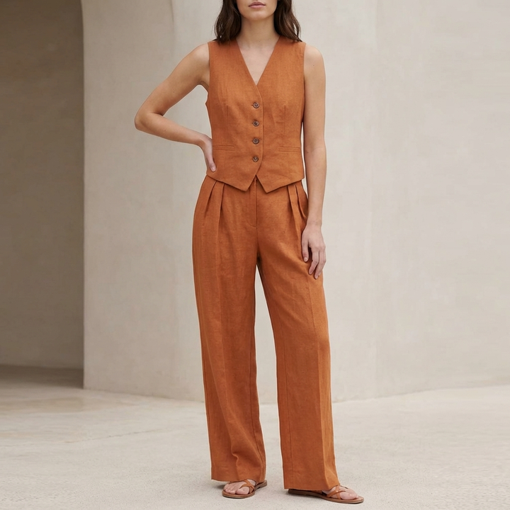 Tailored Linen Blend Vest and Wide Leg Trouser Set