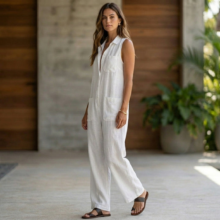 Sleeveless Wide-Leg Overalls with Plunging Collar and Patch Pockets