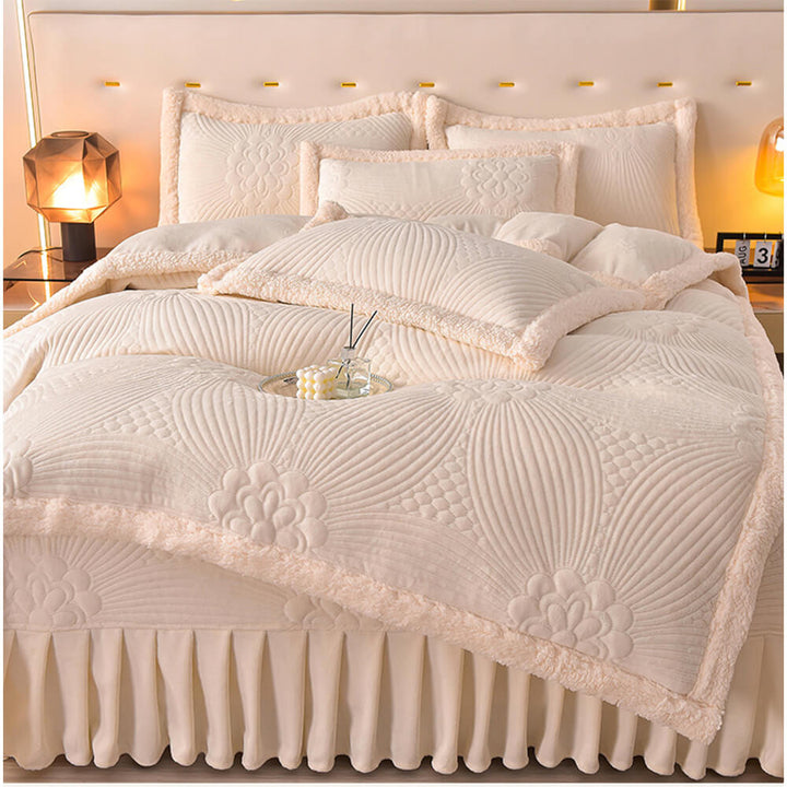 Quilted Bed Skirt Set With Plush Fleece Trim