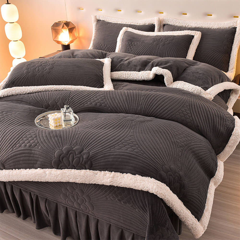 Quilted Bed Skirt Set With Plush Fleece Trim