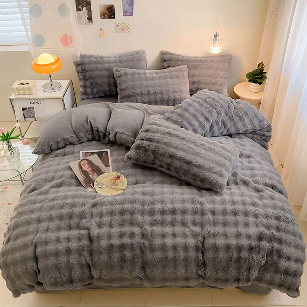 Faux Rabbit Fur Bed Sheet Set With Plush Texture