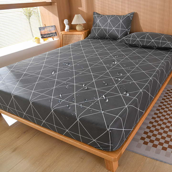 Waterproof geometric fitted sheet with elastic corners
