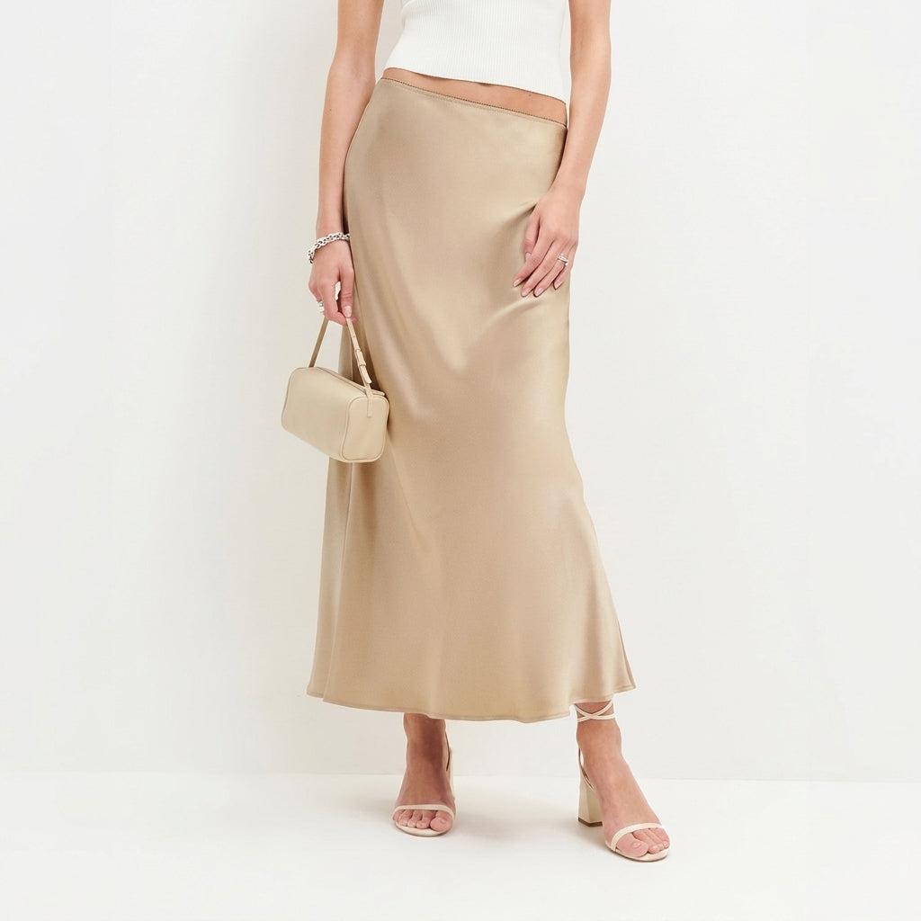 Lustrous Satin Midi Skirt with Fluid Bias Cut Silhouette