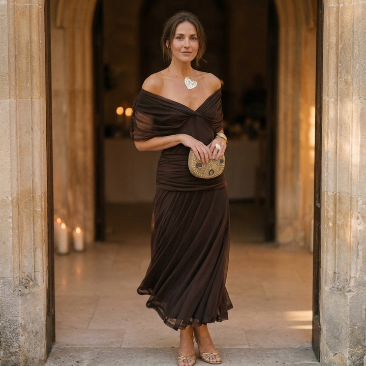 Chiffon Off-Shoulder Midi Dress with Ruched Bodice and Pleated Skirt
