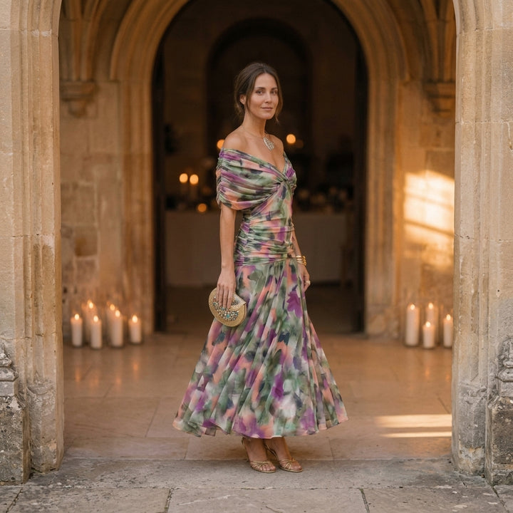 Chiffon Off-Shoulder Midi Dress with Ruched Bodice and Pleated Skirt