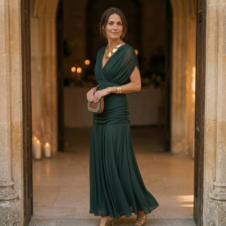 Chiffon Off-Shoulder Midi Dress with Ruched Bodice and Pleated Skirt