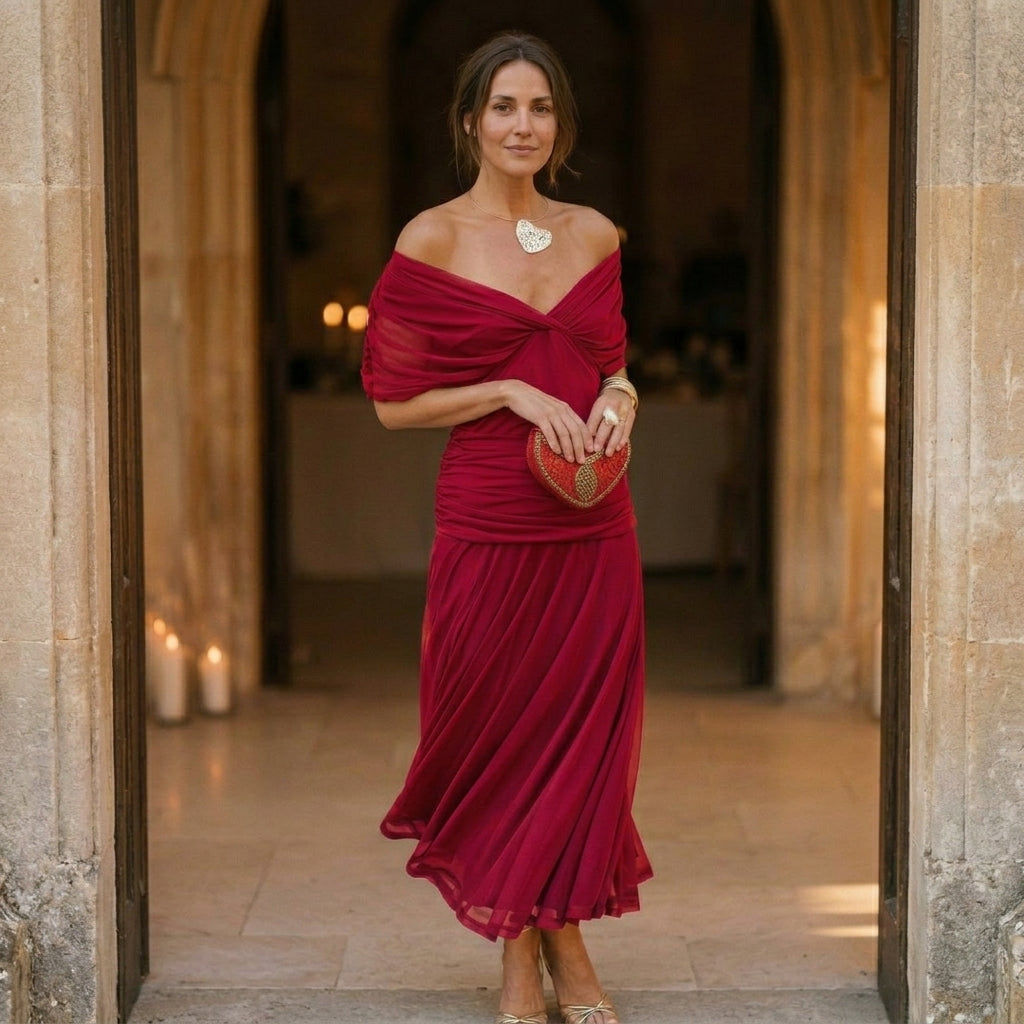 Chiffon Off-Shoulder Midi Dress with Ruched Bodice and Pleated Skirt