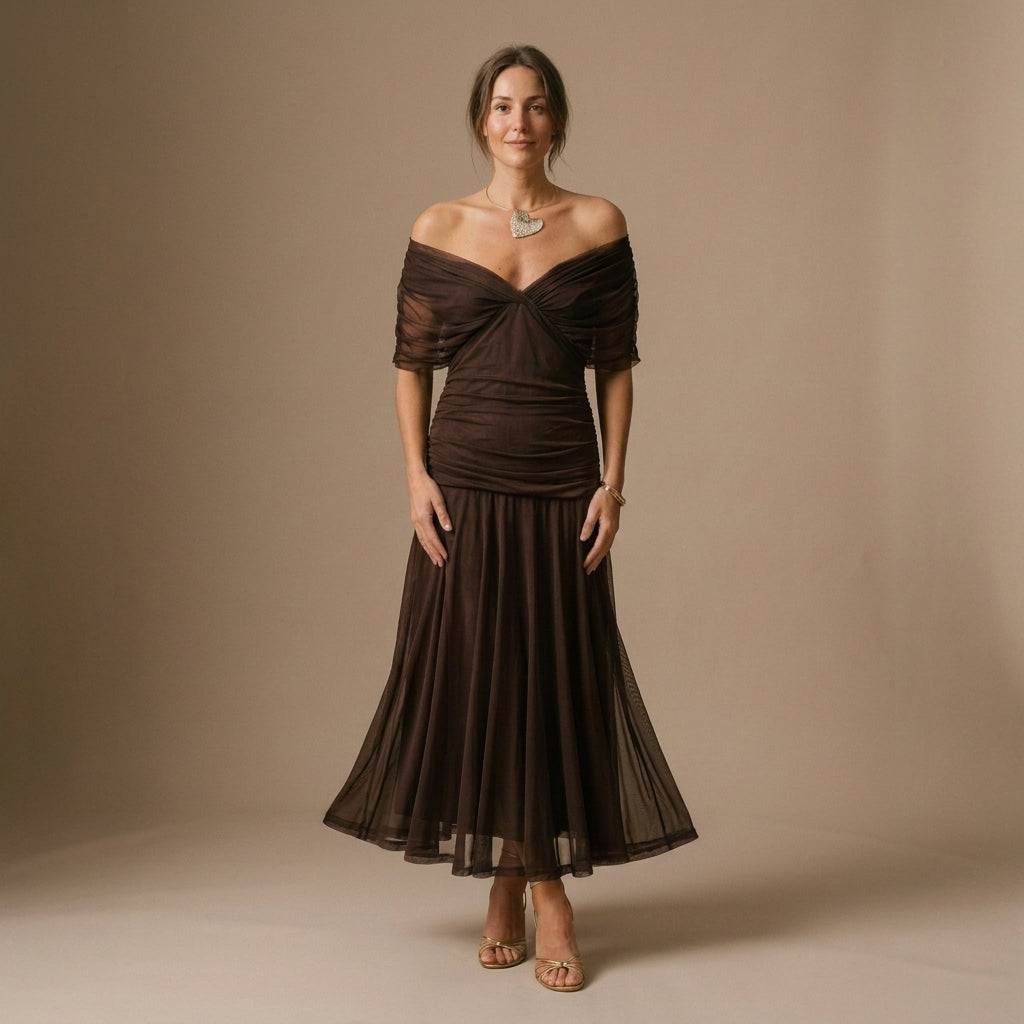 Chiffon Off-Shoulder Midi Dress with Ruched Bodice and Pleated Skirt