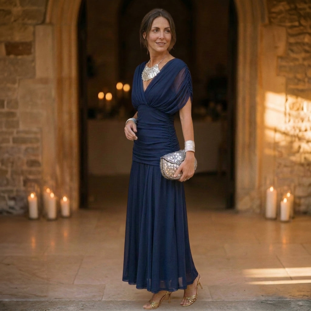 Chiffon Off-Shoulder Midi Dress with Ruched Bodice and Pleated Skirt
