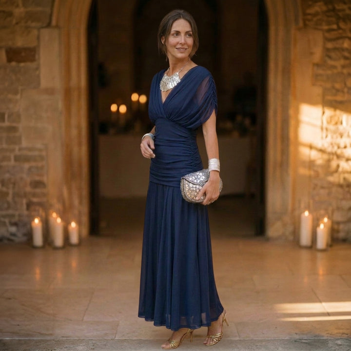Chiffon Off-Shoulder Midi Dress with Ruched Bodice and Pleated Skirt
