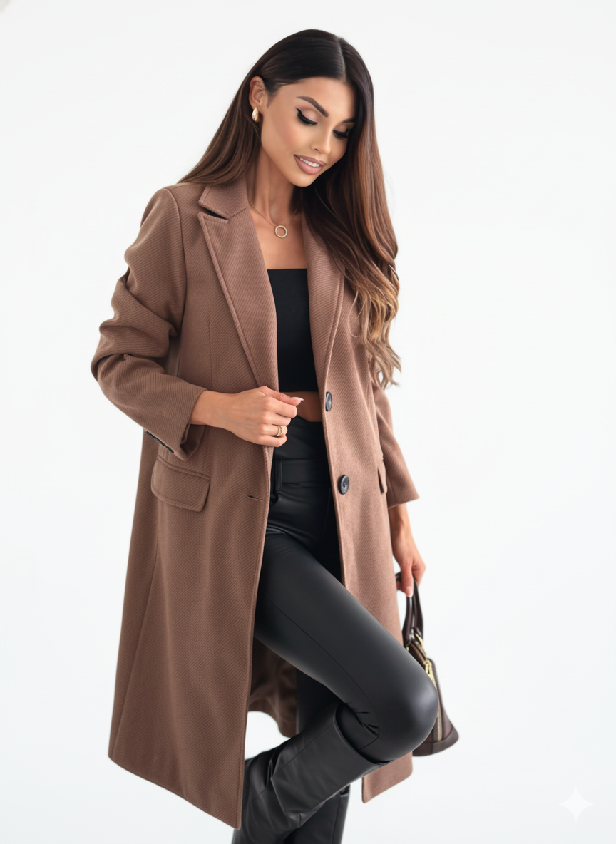 Women’s Longline Tailored Coat – Notched Lapel – Classic Button Closure