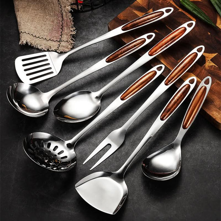 Contemporary Stainless Steel And Wood Utensil Set