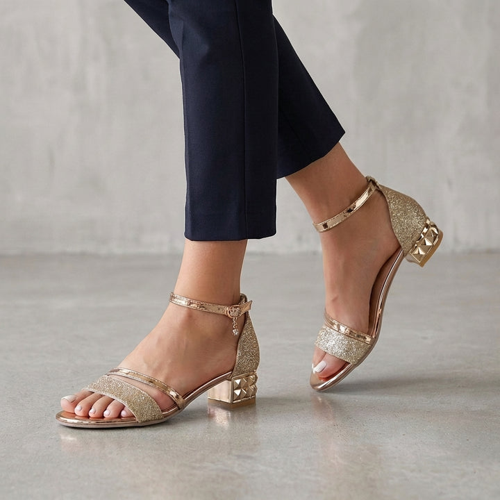 Sculpted Block Heel Ankle-Strap Sandals with Reflective Charm