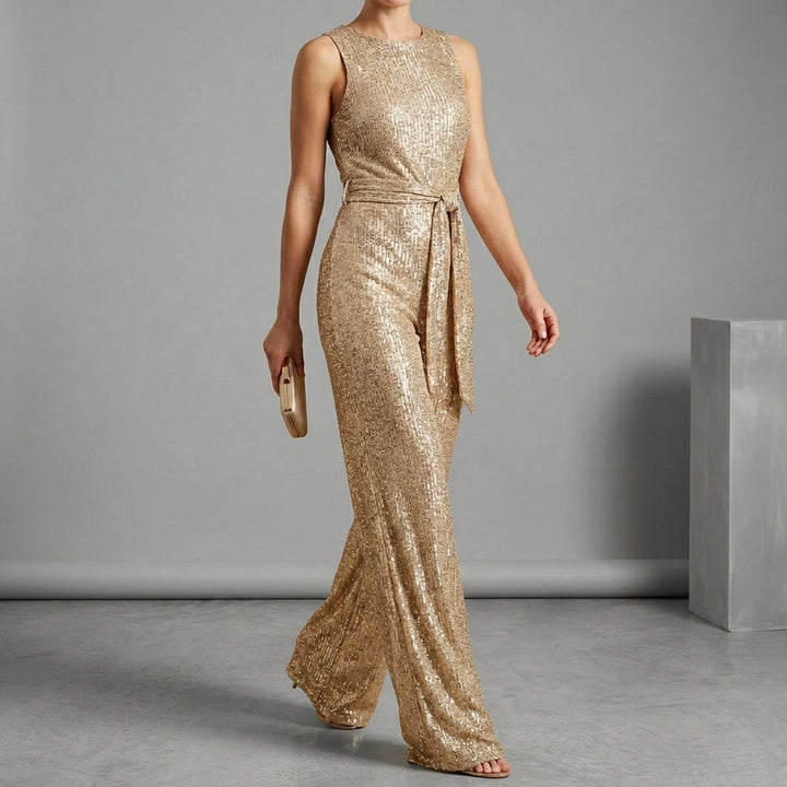Sequin-Embellished Wide-Leg Jumpsuit with Self-Tie Belt