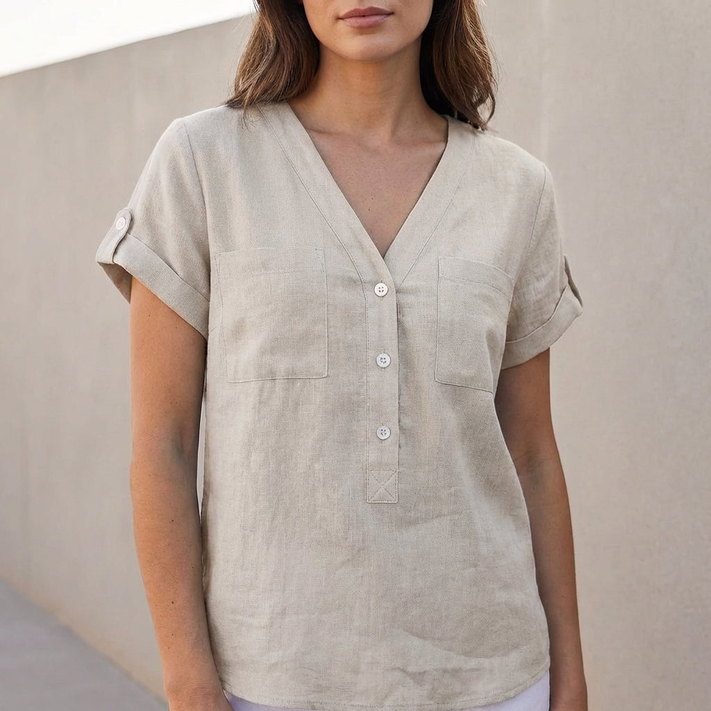 Relaxed Top with Split Neckline and Button Detail